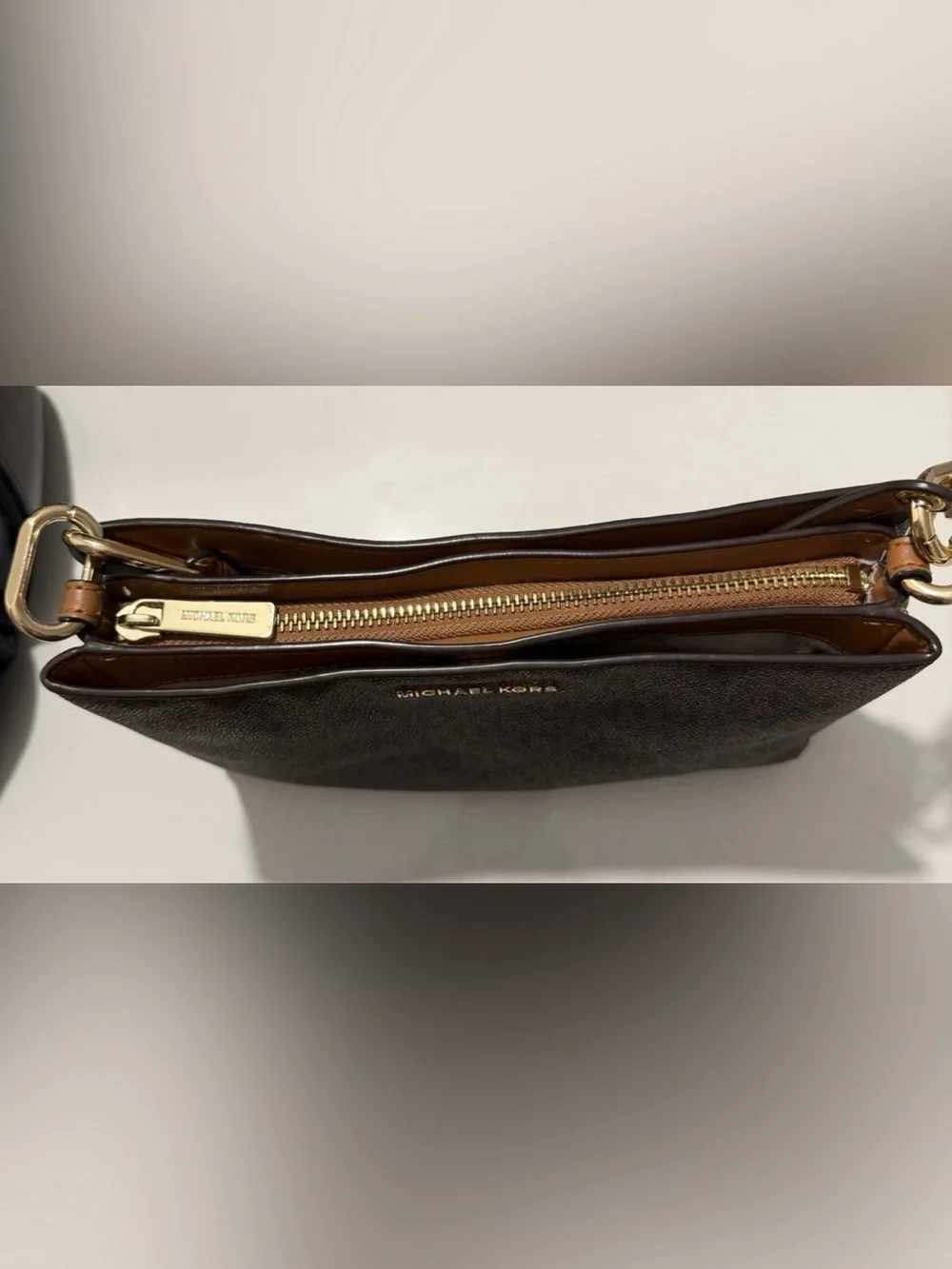 Michael Kors Brown Logo Clutch with Gold Hardware Zip Closure